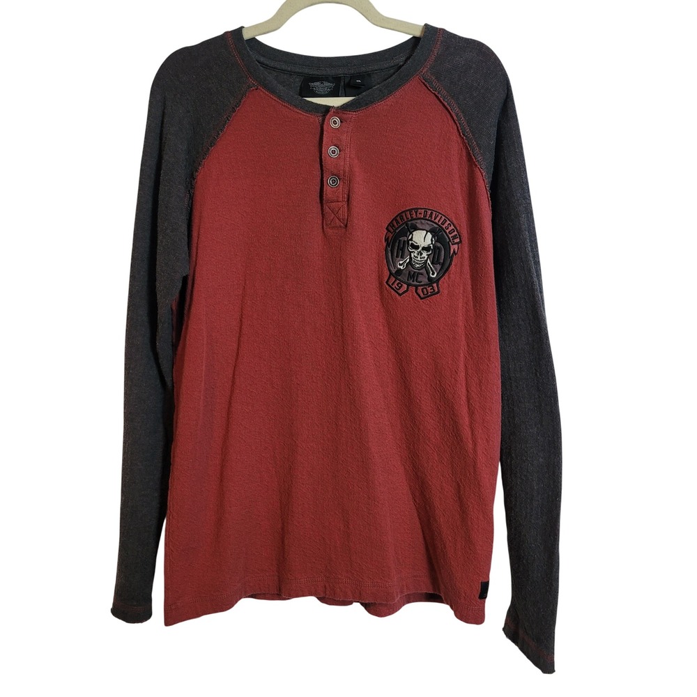 Harley Davidson Mens Long Sleeve Henley Shirt Skull Logo Red Gray Size XL Grunge